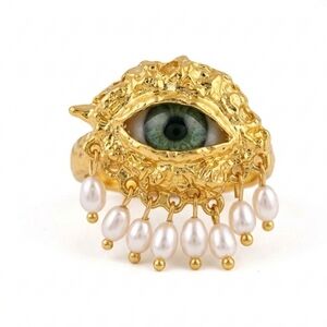 🆕️ Schiaparelli Inspired Style Gold Eye Ring with Pearls NWOT